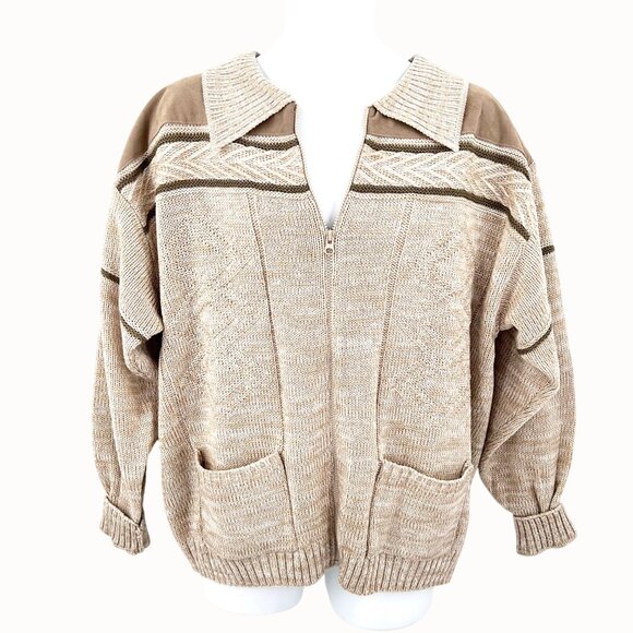 Vintage John Blair Beige Grandpa Zip Sweater w/ Faux Suede Accents & Pockets XLG - Picture 1 of 5